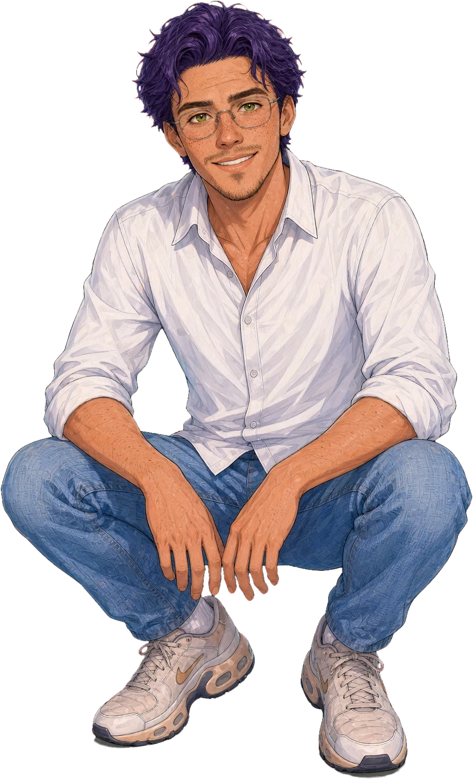 Emile, accroupi, souriant